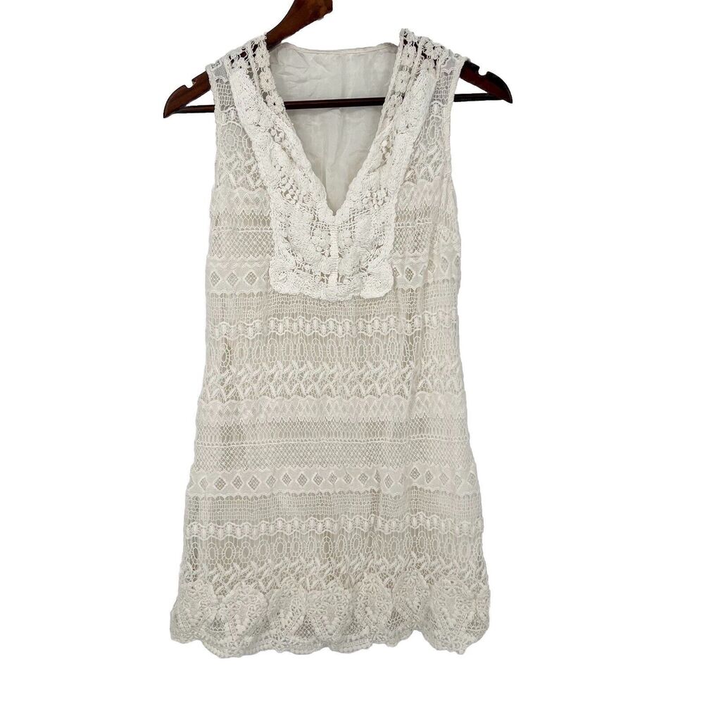 Hale Bob Sheath Dress Womens M Silk Ivory Sleeveless Crochet Lace Lined Cotton